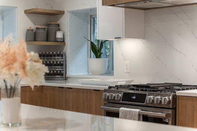 kitchen with stainless steel range and ventilation hood