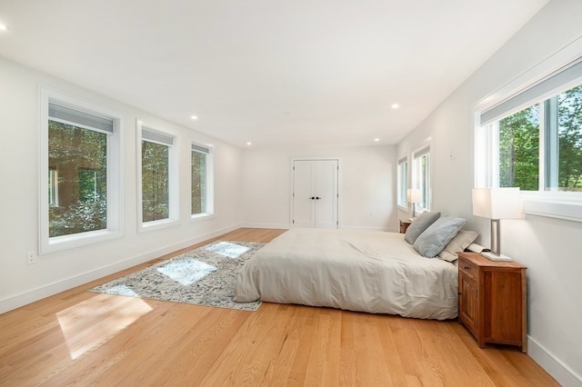 bedroom featuring multiple windows and light hardwood / wood-style flooring