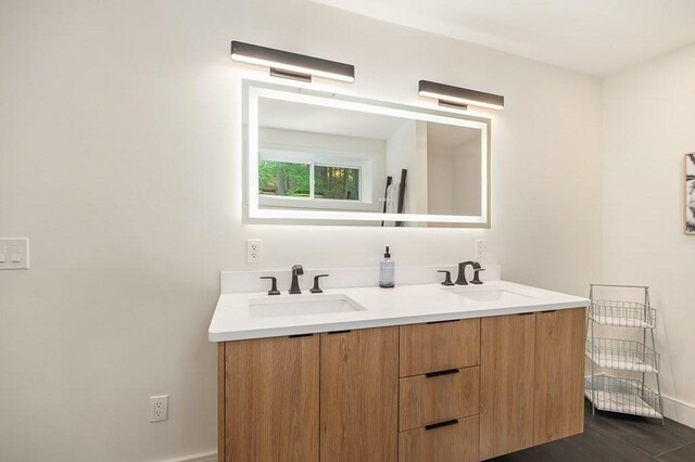 bathroom with vanity and hardwood / wood-style floors