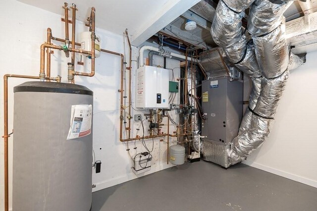 utility room with water heater and electric water heater