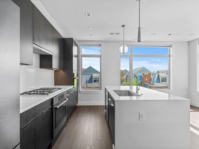 kitchen featuring a sink, dark wood-style floors, dark cabinets, stainless steel appliances, and an island with sink