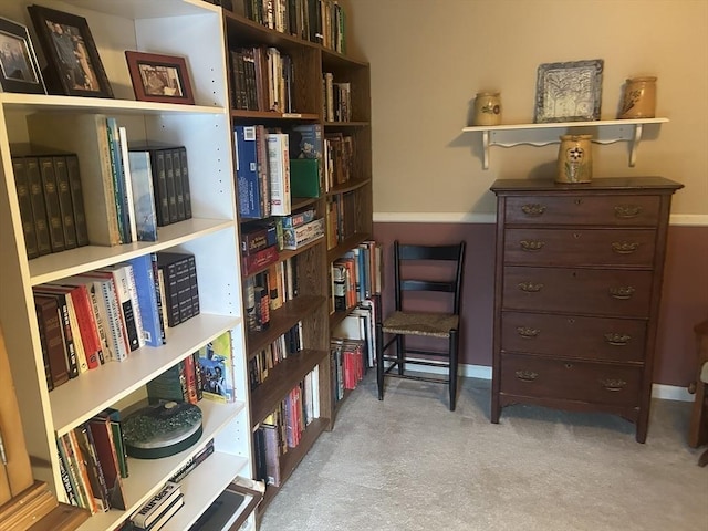 sitting room with light colored carpet and baseboards