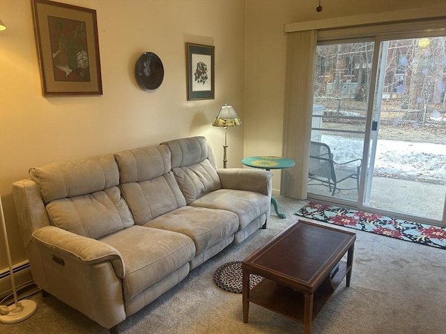 living area featuring carpet and a baseboard radiator