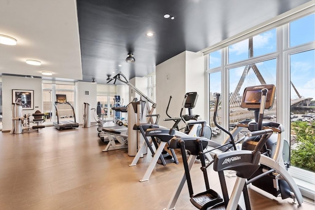 exercise room featuring floor to ceiling windows