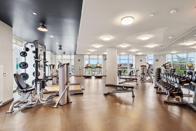 exercise room featuring floor to ceiling windows