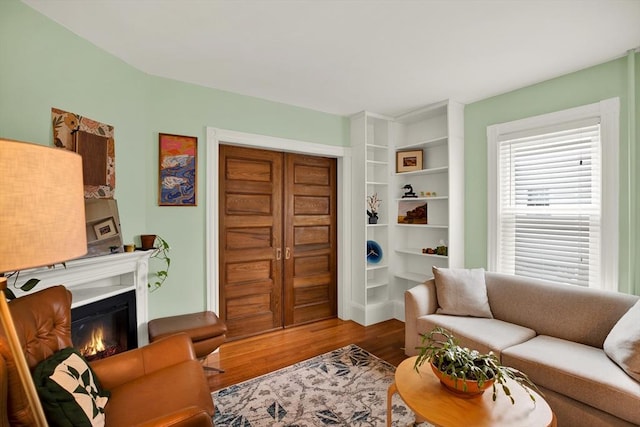 living area featuring wood finished floors and a glass covered fireplace