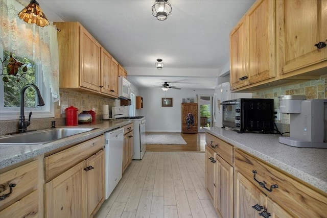 42 Beechwood Dr, Mashpee, MA 02649 - kitchen featuring white appliances, decorative backsplash, ceiling fan, light countertops, and light wood finished floors