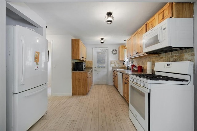 42 Beechwood Dr, Mashpee, MA 02649 - kitchen featuring white appliances, light wood finished floors, and tasteful backsplash