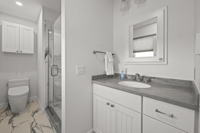 bathroom with toilet, vanity, baseboards, marble finish floor, and a shower stall