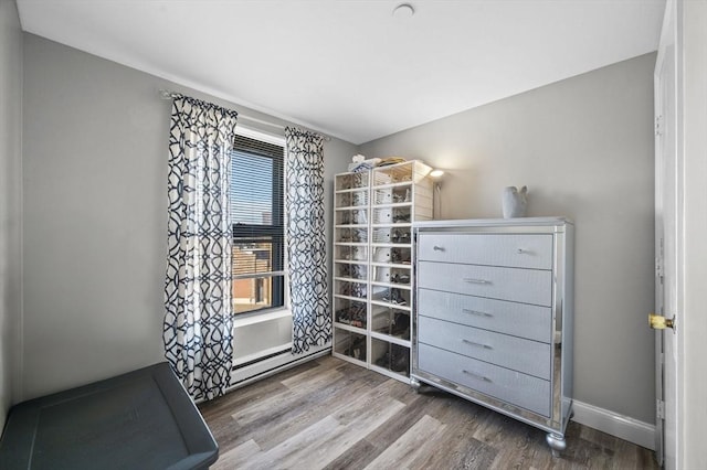 walk in closet featuring hardwood / wood-style flooring and a baseboard radiator