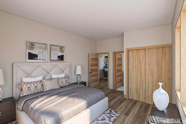 bedroom with dark wood-type flooring