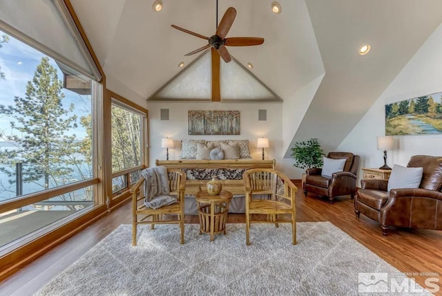 interior space featuring ceiling fan, high vaulted ceiling, and light hardwood / wood-style floors