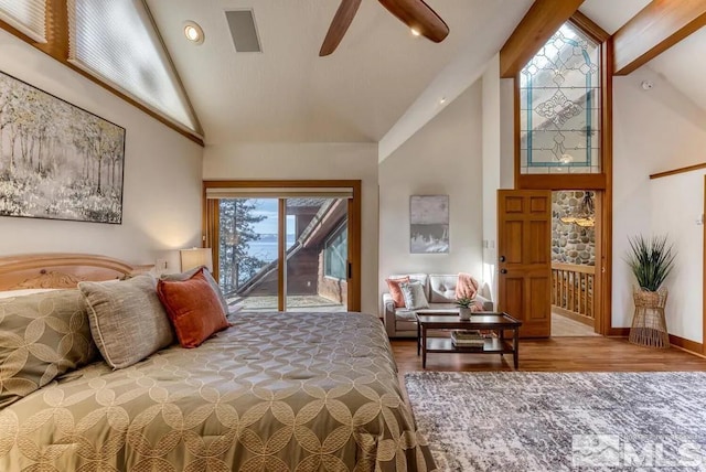 bedroom with high vaulted ceiling, wood-type flooring, ceiling fan, and access to outside