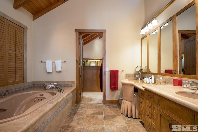 bathroom featuring high vaulted ceiling, beam ceiling, wooden ceiling, vanity, and tile flooring