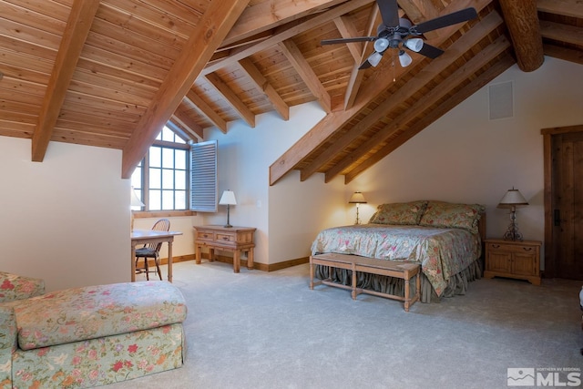 bedroom featuring ceiling fan, wooden ceiling, beamed ceiling, and light carpet