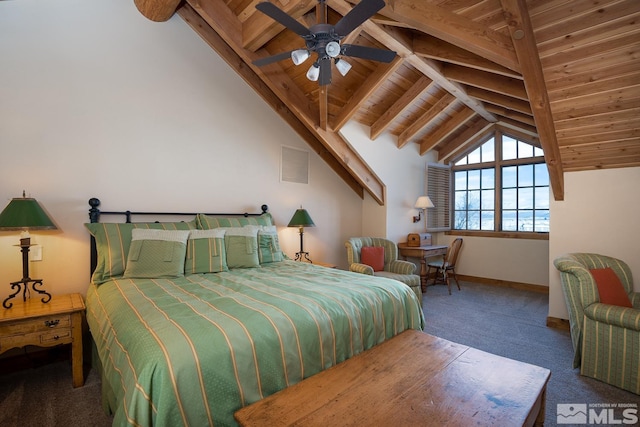 carpeted bedroom with vaulted ceiling with beams, ceiling fan, and wood ceiling