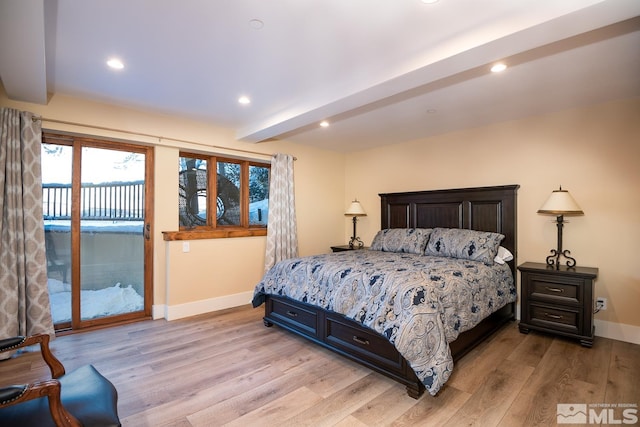 bedroom with access to exterior, light hardwood / wood-style flooring, and beamed ceiling