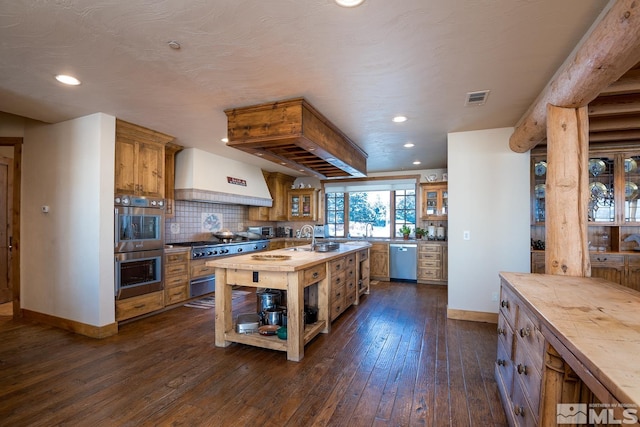 kitchen featuring appliances with stainless steel finishes, custom exhaust hood, backsplash, and dark hardwood / wood-style flooring