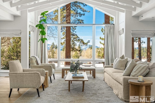 sunroom with vaulted ceiling with beams