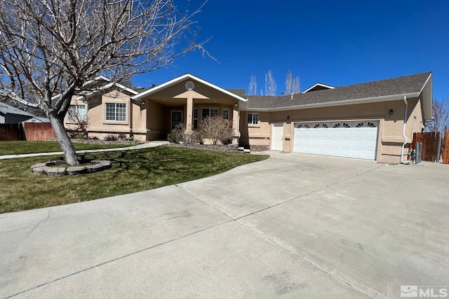 ranch-style house with a front yard and a garage