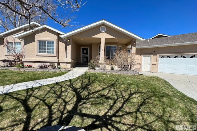 single story home featuring a front yard and a garage