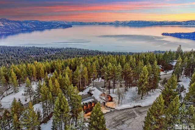 snowy aerial view featuring a water and mountain view