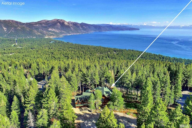 drone / aerial view with a water and mountain view