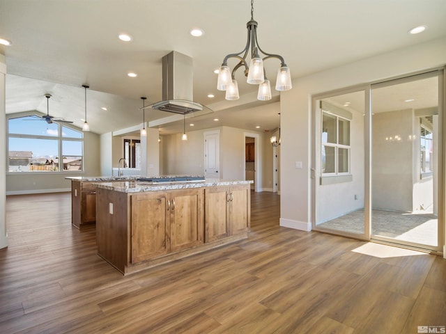 kitchen featuring hanging light fixtures, a kitchen island with sink, vaulted ceiling, and dark wood-type flooring