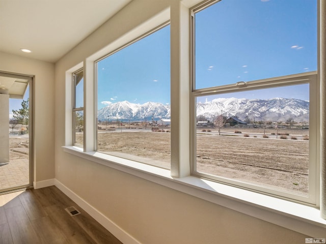 interior space featuring a mountain view, plenty of natural light, and dark wood-type flooring