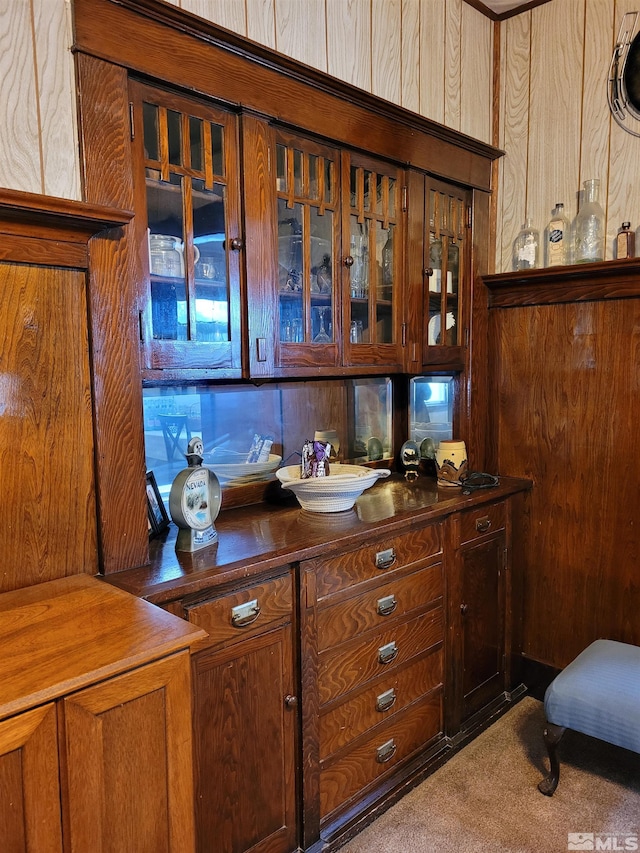 kitchen with wooden walls and carpet floors