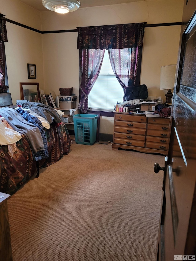 bedroom with light carpet