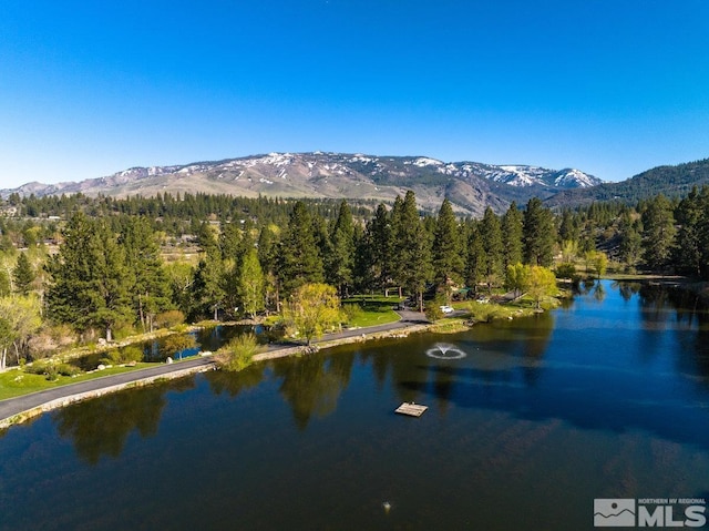 bird's eye view featuring a water and mountain view