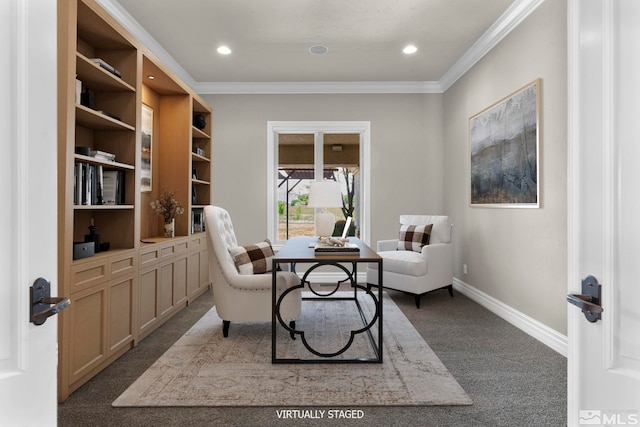 sitting room featuring crown molding and dark colored carpet