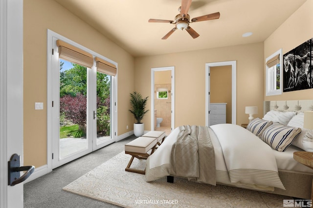 carpeted bedroom featuring access to outside, ceiling fan, and ensuite bathroom