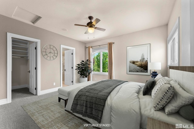 bedroom with light colored carpet, a spacious closet, a closet, and ceiling fan