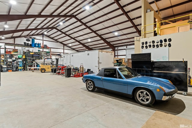 garage with a workshop area