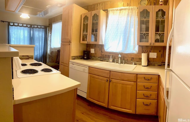 kitchen with white appliances, dark hardwood / wood-style floors, sink, and backsplash