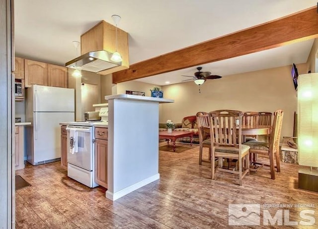 kitchen with beam ceiling, ceiling fan, white appliances, and light wood-type flooring