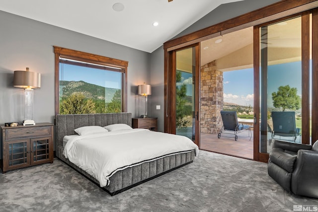 bedroom with carpet floors, access to outside, and vaulted ceiling