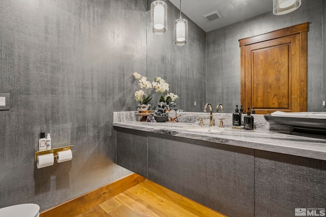 bathroom featuring vanity, hardwood / wood-style flooring, and toilet