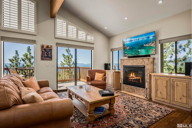 living room featuring high vaulted ceiling, dark hardwood / wood-style floors, a tile fireplace, and beamed ceiling