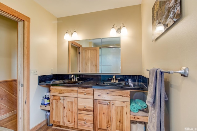 bathroom with dual vanity and hardwood / wood-style floors