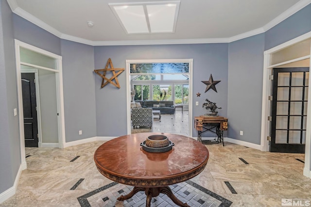 living area with crown molding and light tile flooring