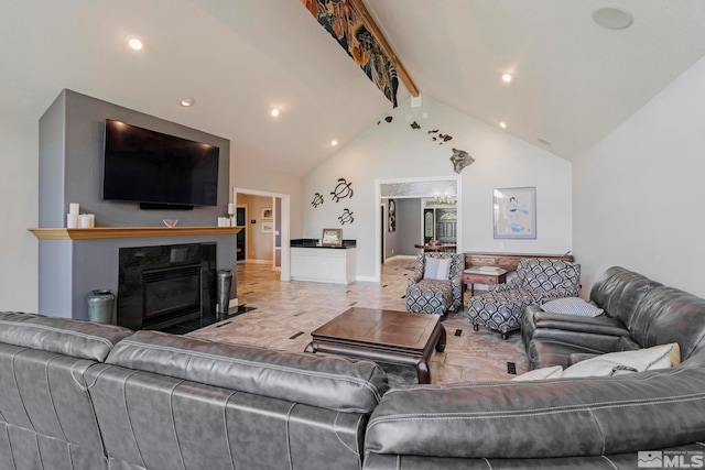 tiled living room with vaulted ceiling with beams