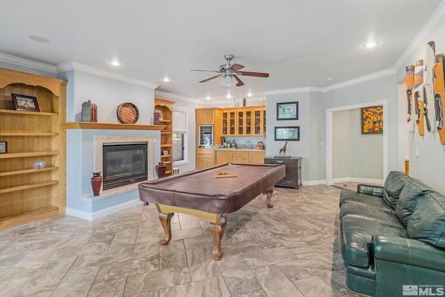 recreation room featuring light tile floors, pool table, ceiling fan, and ornamental molding