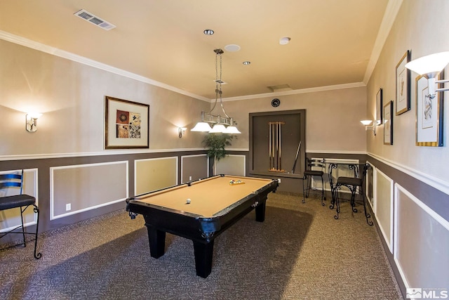 playroom with pool table, ornamental molding, and dark colored carpet