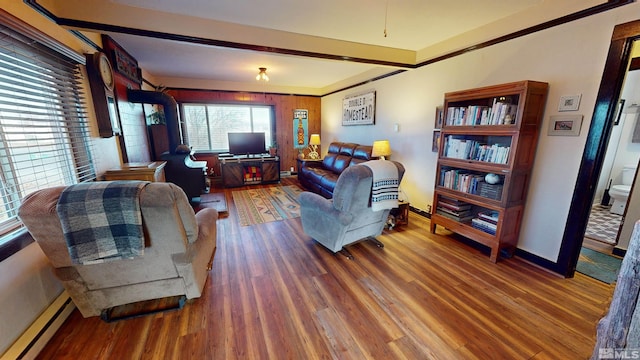 living room featuring dark hardwood / wood-style floors, a wood stove, and baseboard heating