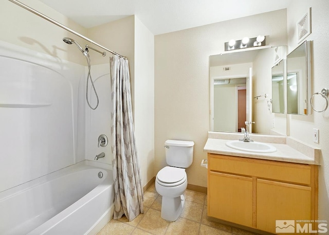 full bathroom with tile flooring, oversized vanity, toilet, and shower / bathtub combination with curtain