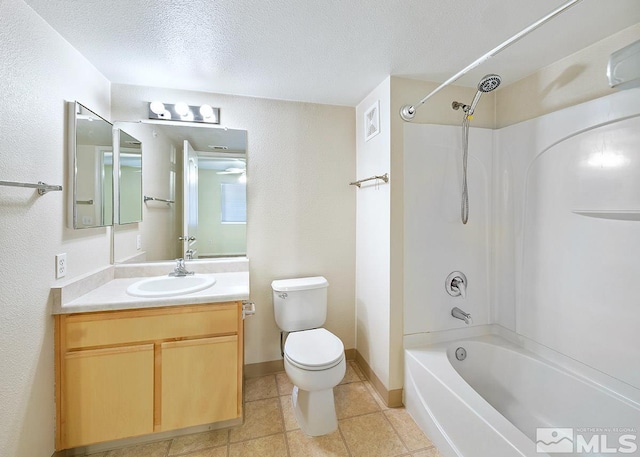 full bathroom with a textured ceiling, toilet, large vanity, and bathing tub / shower combination