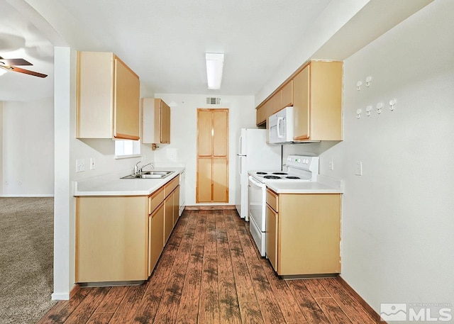 kitchen with light brown cabinetry, white appliances, ceiling fan, sink, and dark hardwood / wood-style flooring